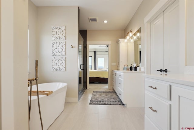 bathroom featuring vanity, separate shower and tub, and ceiling fan