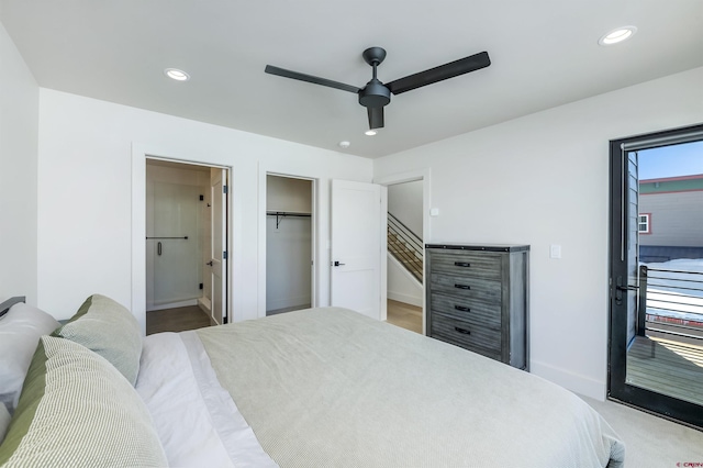 bedroom featuring connected bathroom, access to exterior, and ceiling fan