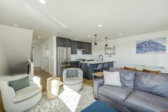 living room with light hardwood / wood-style floors and sink