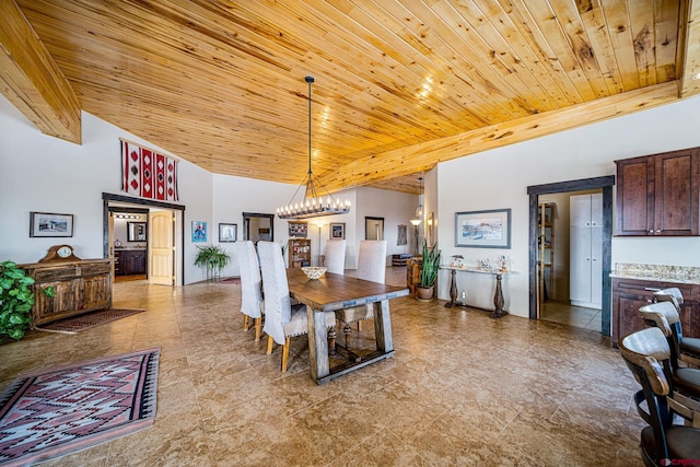 dining area featuring high vaulted ceiling, a notable chandelier, and wood ceiling