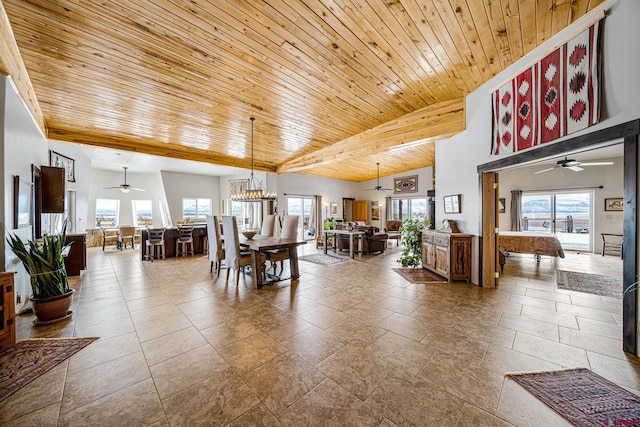 dining room with plenty of natural light, wooden ceiling, and ceiling fan