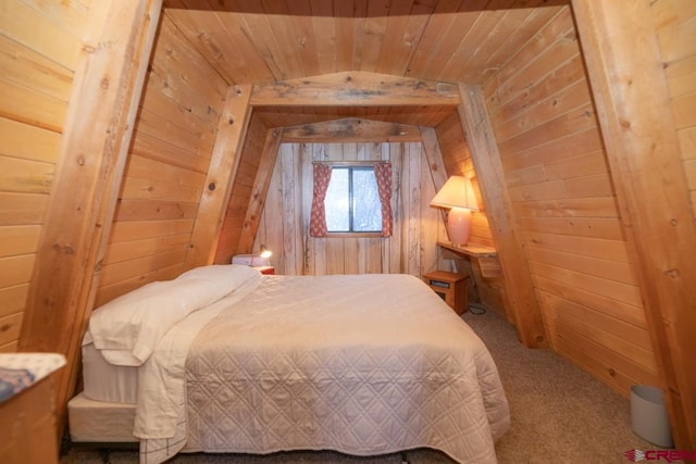 1015 E Stollsteimer Rd, Pagosa Springs, CO 81147 - bedroom featuring wooden walls, vaulted ceiling, carpet, and wooden ceiling