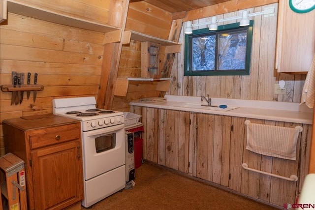 1015 E Stollsteimer Rd, Pagosa Springs, CO 81147 - kitchen featuring electric stove, a sink, wooden walls, light colored carpet, and light countertops