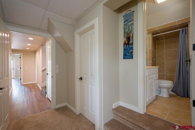 corridor with light colored carpet and a paneled ceiling