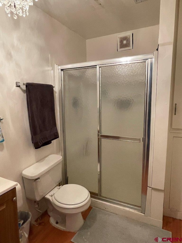 bathroom with vanity, an enclosed shower, and toilet