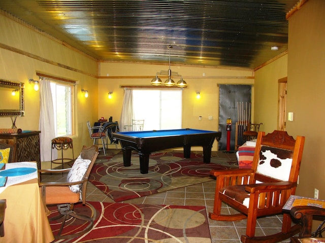 rec room featuring billiards, tile patterned flooring, and a wealth of natural light