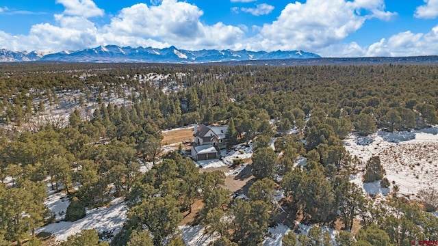 drone / aerial view with a wooded view and a mountain view