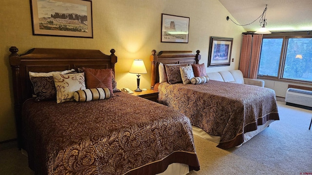 bedroom with light carpet and vaulted ceiling