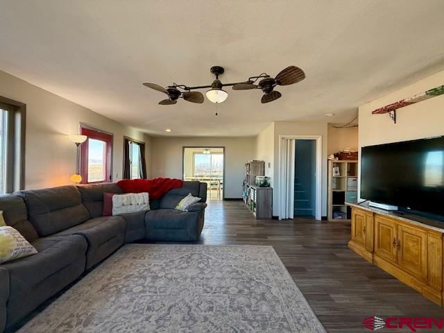 living room with ceiling fan, a healthy amount of sunlight, and dark hardwood / wood-style flooring