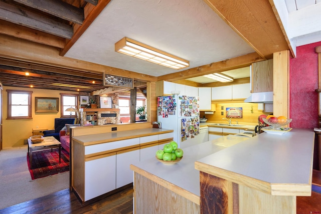 kitchen with white fridge, plenty of natural light, and kitchen peninsula