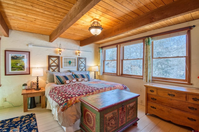 bedroom featuring wooden ceiling, beam ceiling, and light hardwood / wood-style flooring