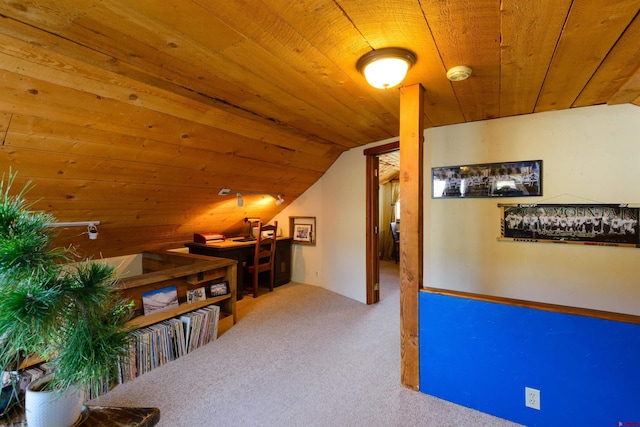 bonus room featuring lofted ceiling, carpet flooring, and wooden ceiling