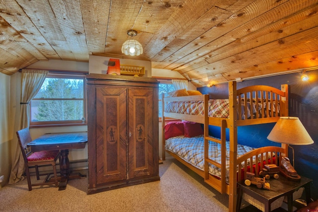 bedroom with vaulted ceiling, carpet, and wooden ceiling