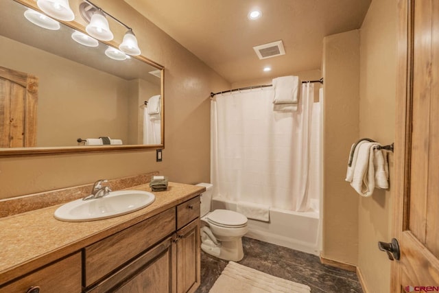 full bathroom featuring vanity, shower / bath combination with curtain, and toilet