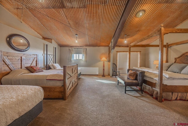 bedroom featuring wood ceiling, carpet flooring, and vaulted ceiling