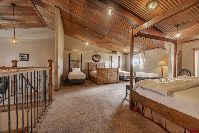 bedroom featuring beam ceiling, high vaulted ceiling, carpet flooring, and wood ceiling