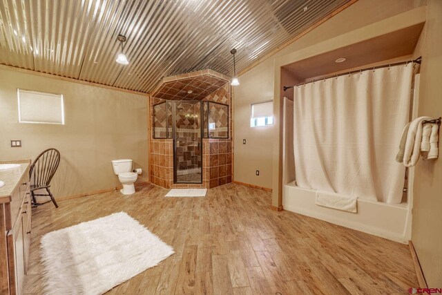 full bathroom with toilet, wood ceiling, vanity, shower / bath combo, and hardwood / wood-style floors