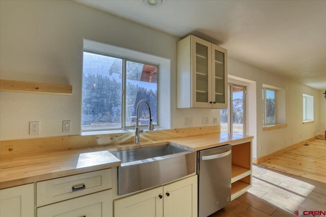 kitchen with hardwood / wood-style flooring, wood counters, dishwasher, and sink