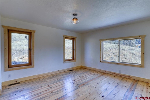 unfurnished room featuring light hardwood / wood-style flooring and a textured ceiling