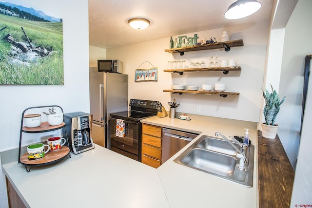 kitchen with kitchen peninsula, sink, and black appliances