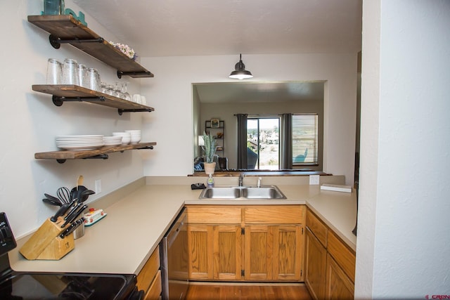 kitchen featuring sink, hanging light fixtures, dishwasher, and range