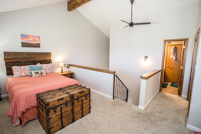 bedroom featuring lofted ceiling with beams, light carpet, and ceiling fan