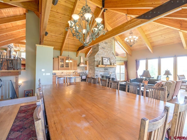 dining area featuring wood ceiling, an inviting chandelier, high vaulted ceiling, a fireplace, and wood-type flooring