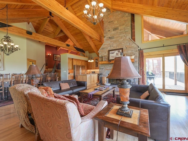 living room featuring high vaulted ceiling, light wood-type flooring, a chandelier, wood ceiling, and beam ceiling