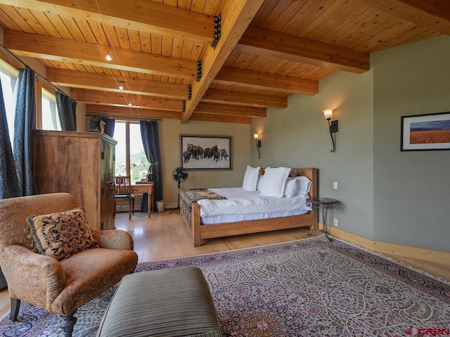 bedroom with beam ceiling, light hardwood / wood-style floors, and wooden ceiling