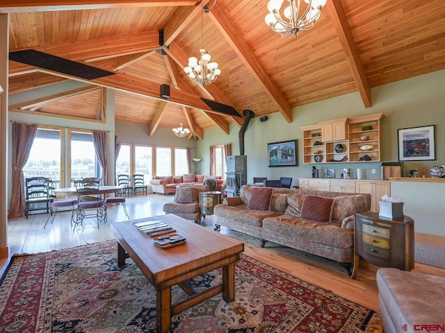 living room featuring a wood stove, hardwood / wood-style floors, wood ceiling, and a chandelier