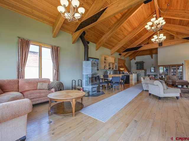 living room with wood ceiling, a chandelier, high vaulted ceiling, a wood stove, and light hardwood / wood-style floors