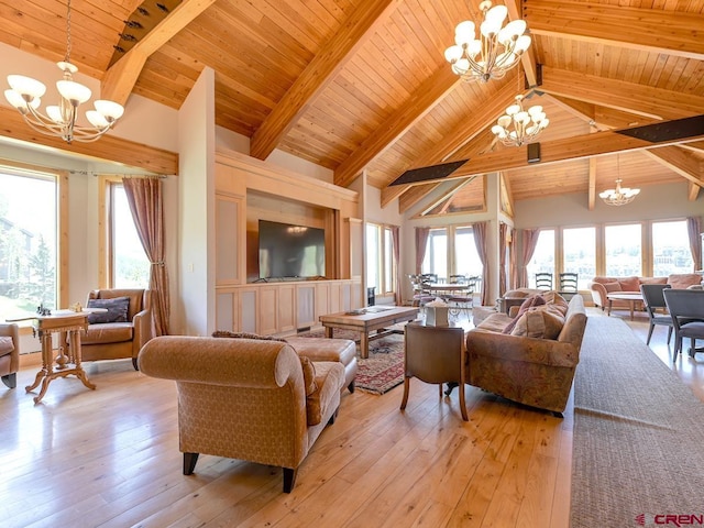 living room featuring a healthy amount of sunlight, a notable chandelier, and light wood-type flooring