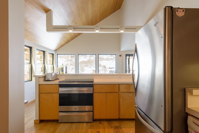 kitchen with lofted ceiling, light hardwood / wood-style floors, wooden ceiling, and appliances with stainless steel finishes