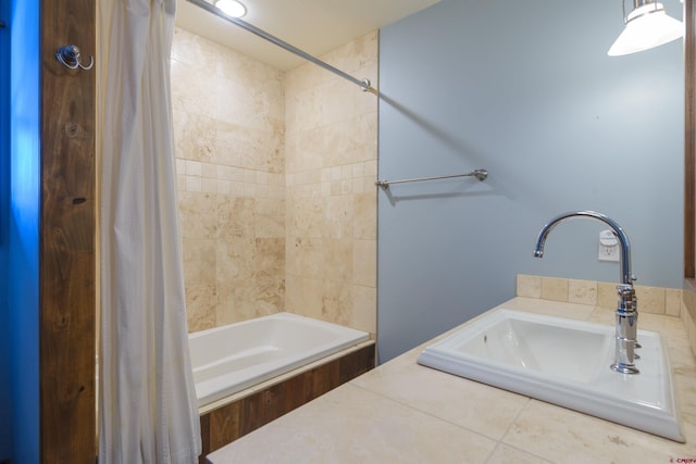 bathroom with vanity and shower / bath combination with curtain