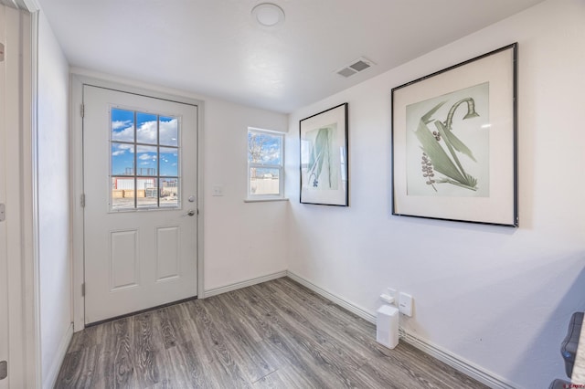 doorway with hardwood / wood-style floors