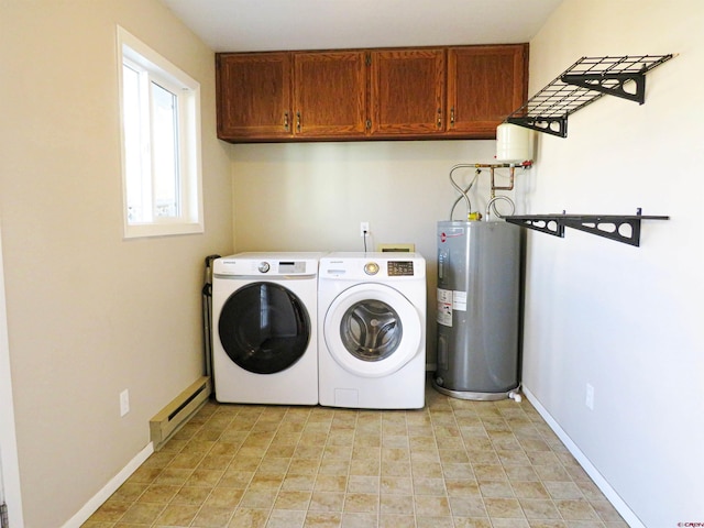 clothes washing area with water heater, separate washer and dryer, cabinets, and baseboard heating