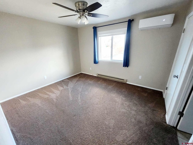 unfurnished bedroom featuring ceiling fan, a baseboard radiator, a wall mounted AC, and dark carpet