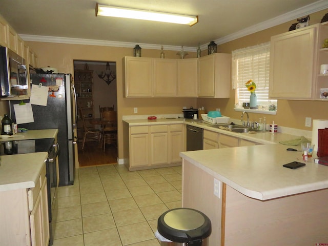 kitchen featuring sink, dishwasher, electric range oven, light tile patterned flooring, and kitchen peninsula