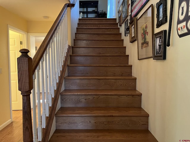 stairs with hardwood / wood-style flooring