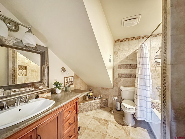 full bathroom with lofted ceiling, tile walls, shower / bath combination with curtain, vanity, and toilet