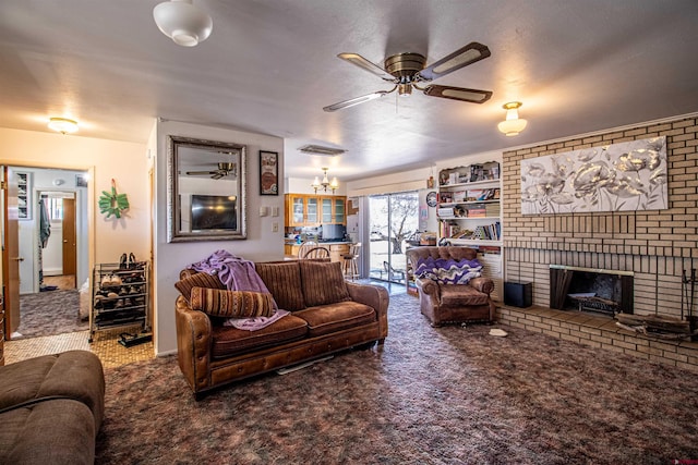 carpeted living room featuring a brick fireplace and ceiling fan