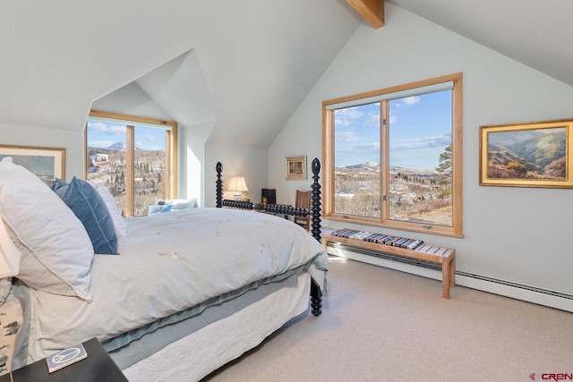 carpeted bedroom with lofted ceiling with beams