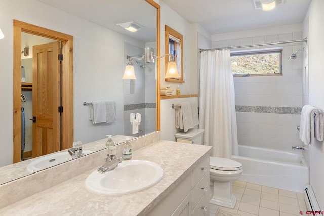 bathroom with shower / tub combo with curtain, toilet, a baseboard heating unit, vanity, and tile patterned floors