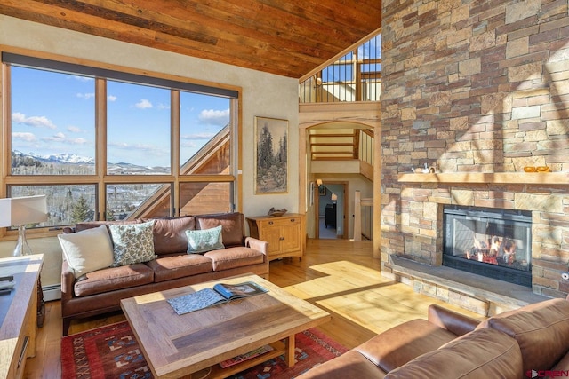 living room featuring high vaulted ceiling, a mountain view, a baseboard heating unit, a fireplace, and wood finished floors