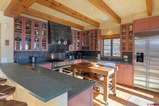 kitchen with a sink, dark countertops, glass insert cabinets, and premium appliances