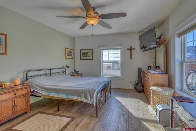 bedroom with ceiling fan, multiple windows, and light hardwood / wood-style flooring