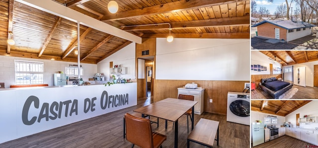 interior space featuring washer / clothes dryer, wooden ceiling, dark hardwood / wood-style flooring, and lofted ceiling with beams