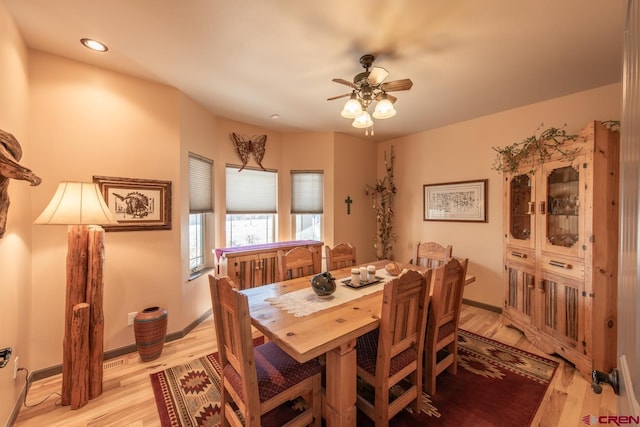 dining space featuring light hardwood / wood-style flooring and ceiling fan