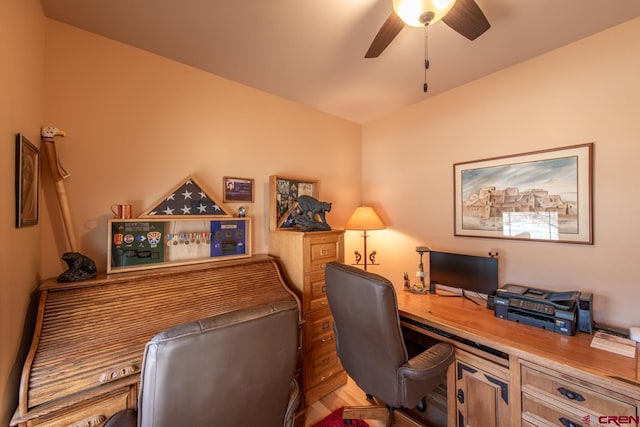 office featuring ceiling fan and light wood-type flooring