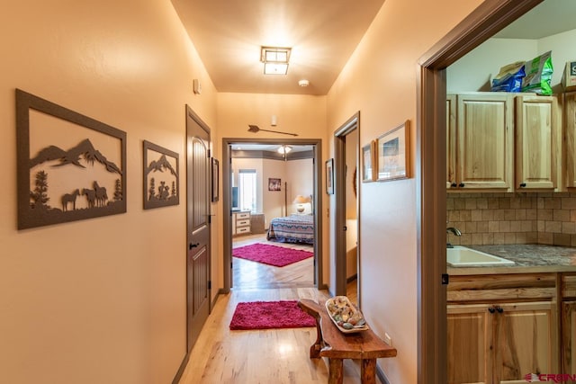 hall with sink and light hardwood / wood-style flooring